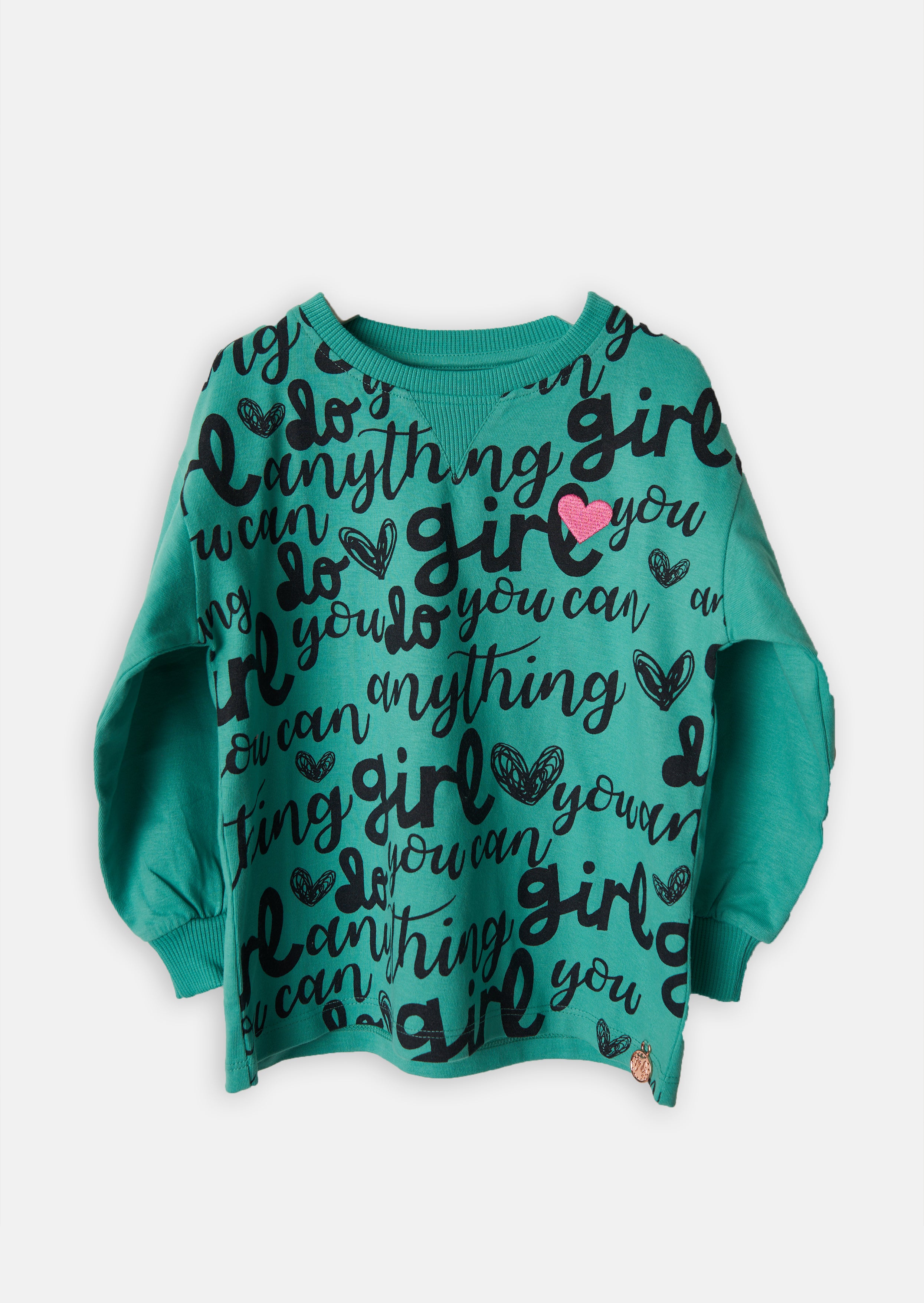 Girls Slogan Printed Cotton Green Sweatshirt