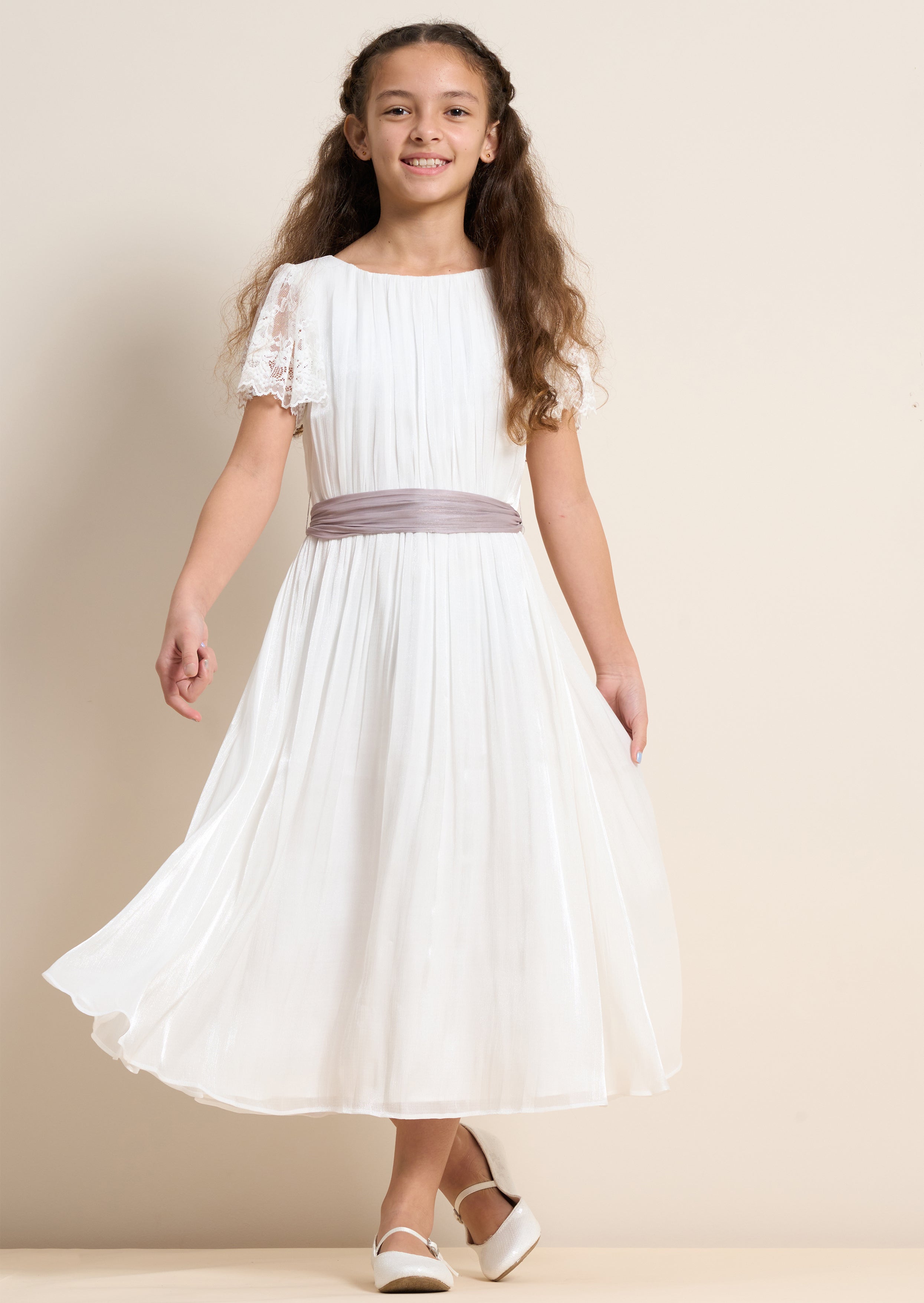 Girls White Premium Dress with Embroidered Sleeves