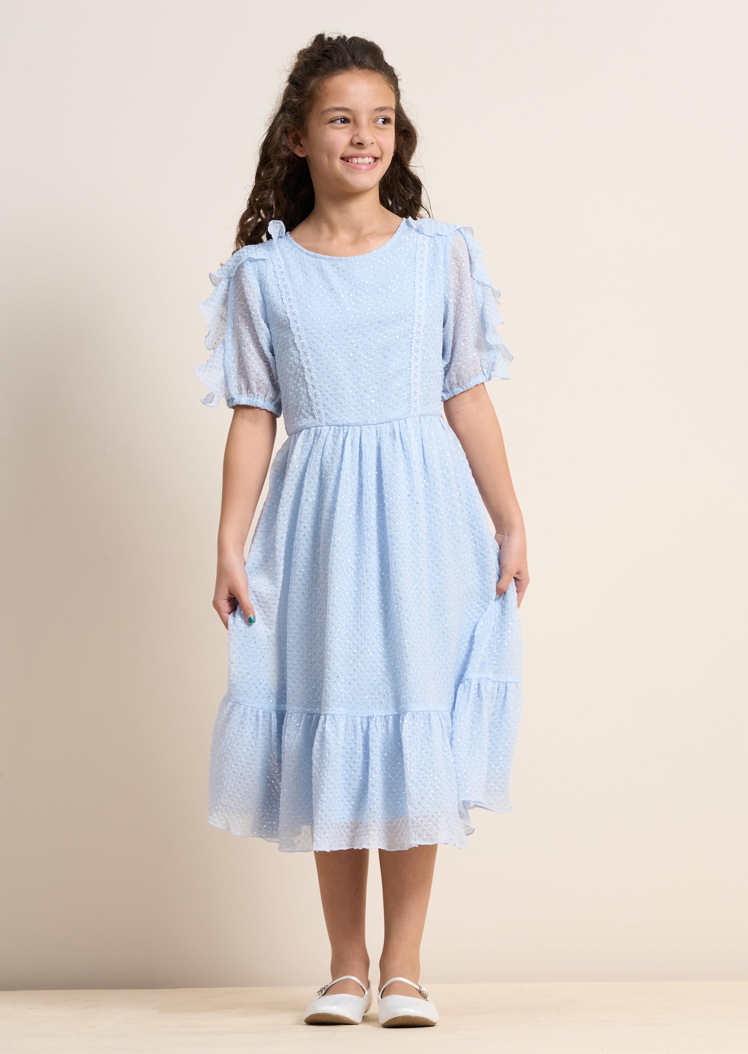 Girls Blue Self Textured Premium Dress