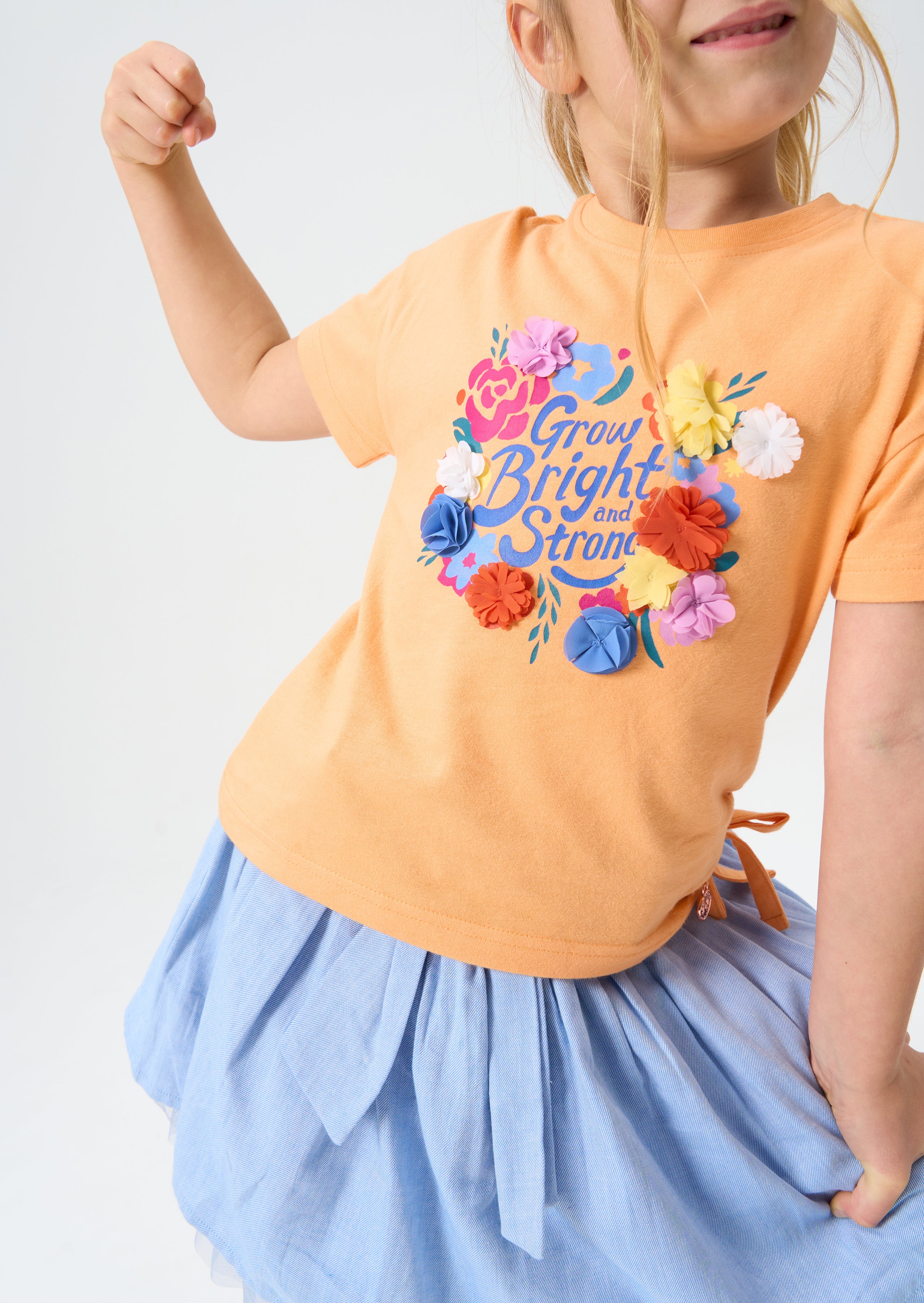 Girls Floral Printed Cotton Orange T-Shirt