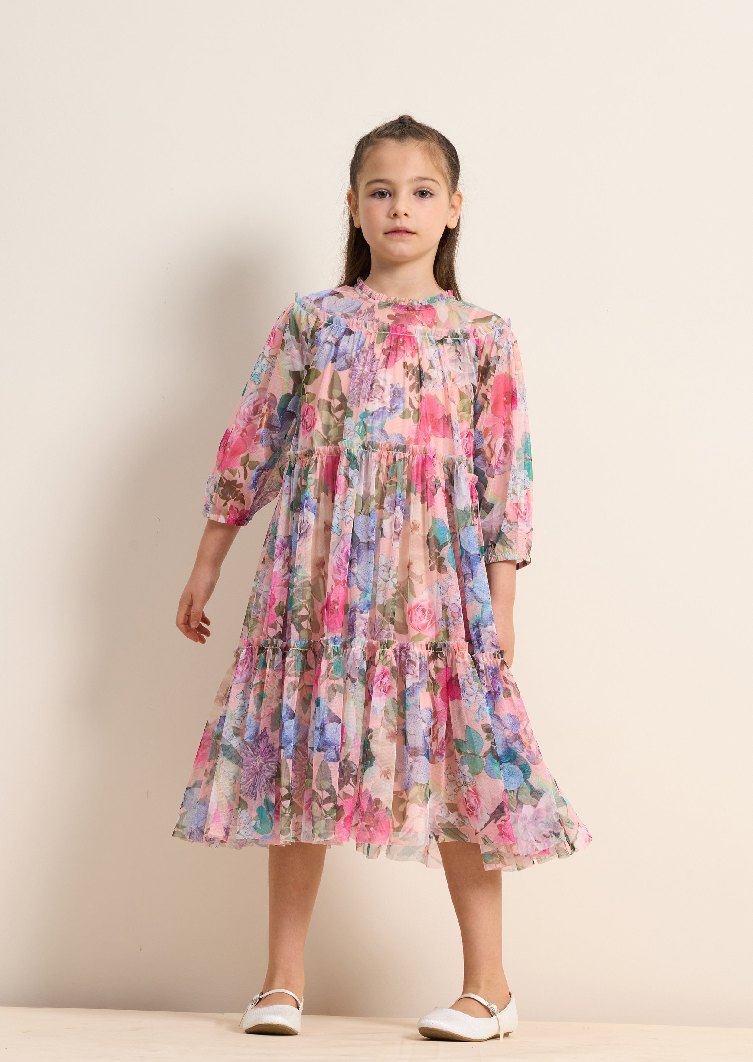 Girls Pink Floral Printed Mesh Dress with Puff Sleeves