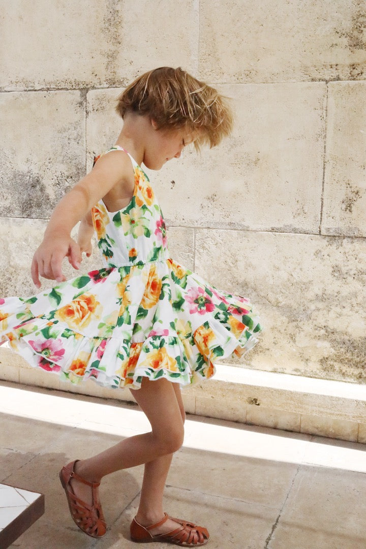 v-neck double ruffle pink and orange floral