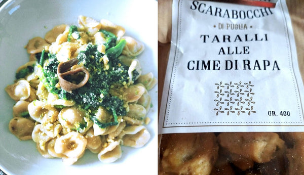 Ricetta dalla Puglia con Orecchiette Pugliesi con polvere di crusco e Tarallini alle Cime di Rapa sbriciolati vere Delizie della Puglia