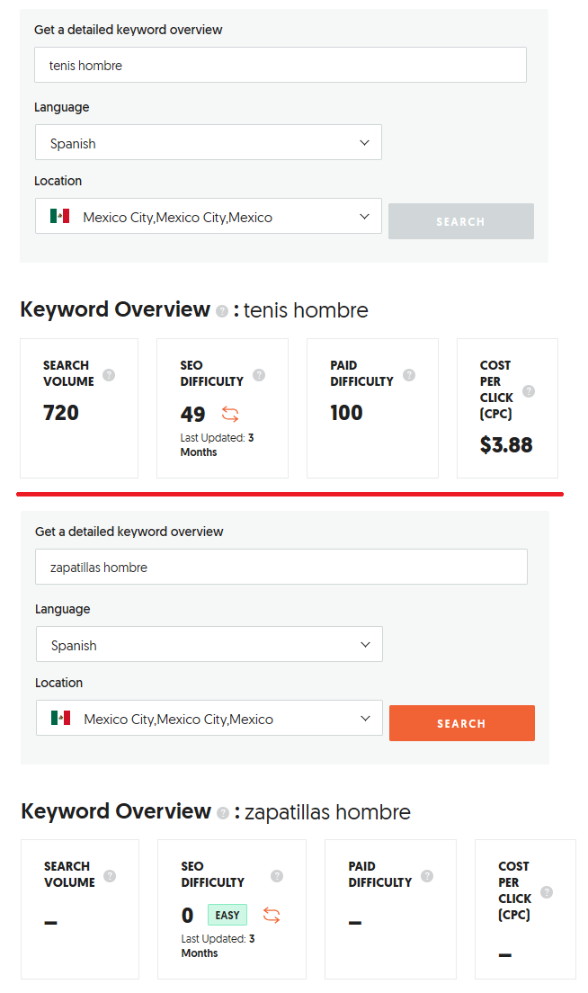 Ejemplo de una investigación de palabras clave en Ubersuggest comparando los resultados de dos términos para Ciudad de México.