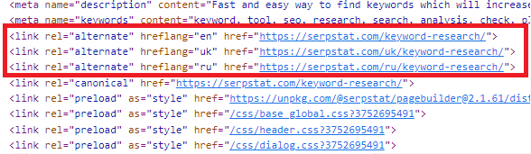 Ejemplo del código HTML del head un sitio web donde aparece la etiqueta hreflang.