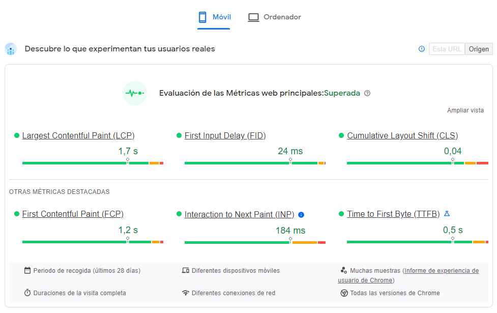 Ejemplo de un informe obtenido con PageSpeed Insights.