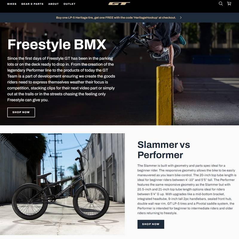 Un ejemplo de landing page de una marca de bicicletas donde los textos y las fotografías hablan específicamente de bicicletas BMX.