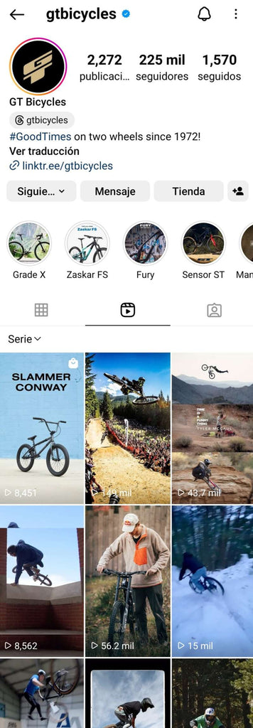 Ejemplo del perfil en Instagram de una marca de bicicletas donde se muestran diversos videos sobre sus porductos.
