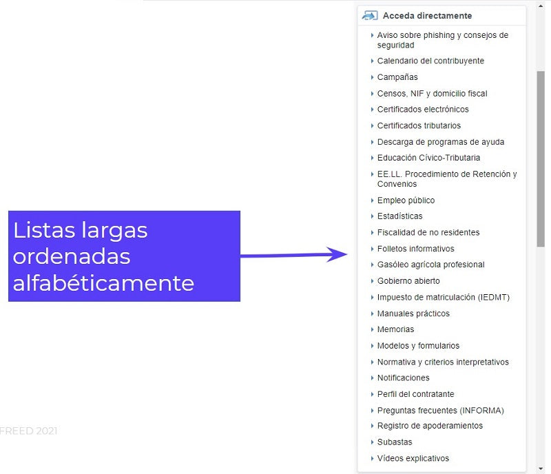 Pantallazo del un menú dispuesto como lista en orden alfabético.