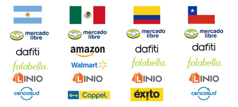 Listado de los marketplaces locales que operan en distintos países latinoamericanos.