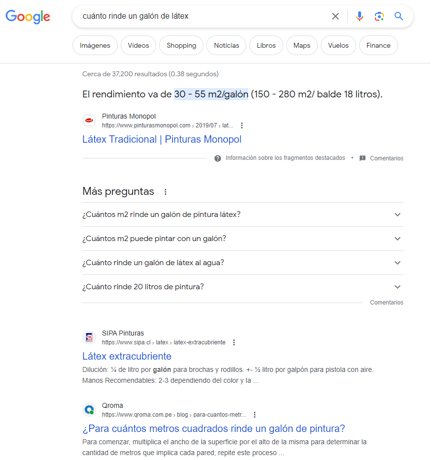 Pantallazo de ejemplo del resultado de búsqueda en Google para el término clave "cuánto rinde un galón de látex".