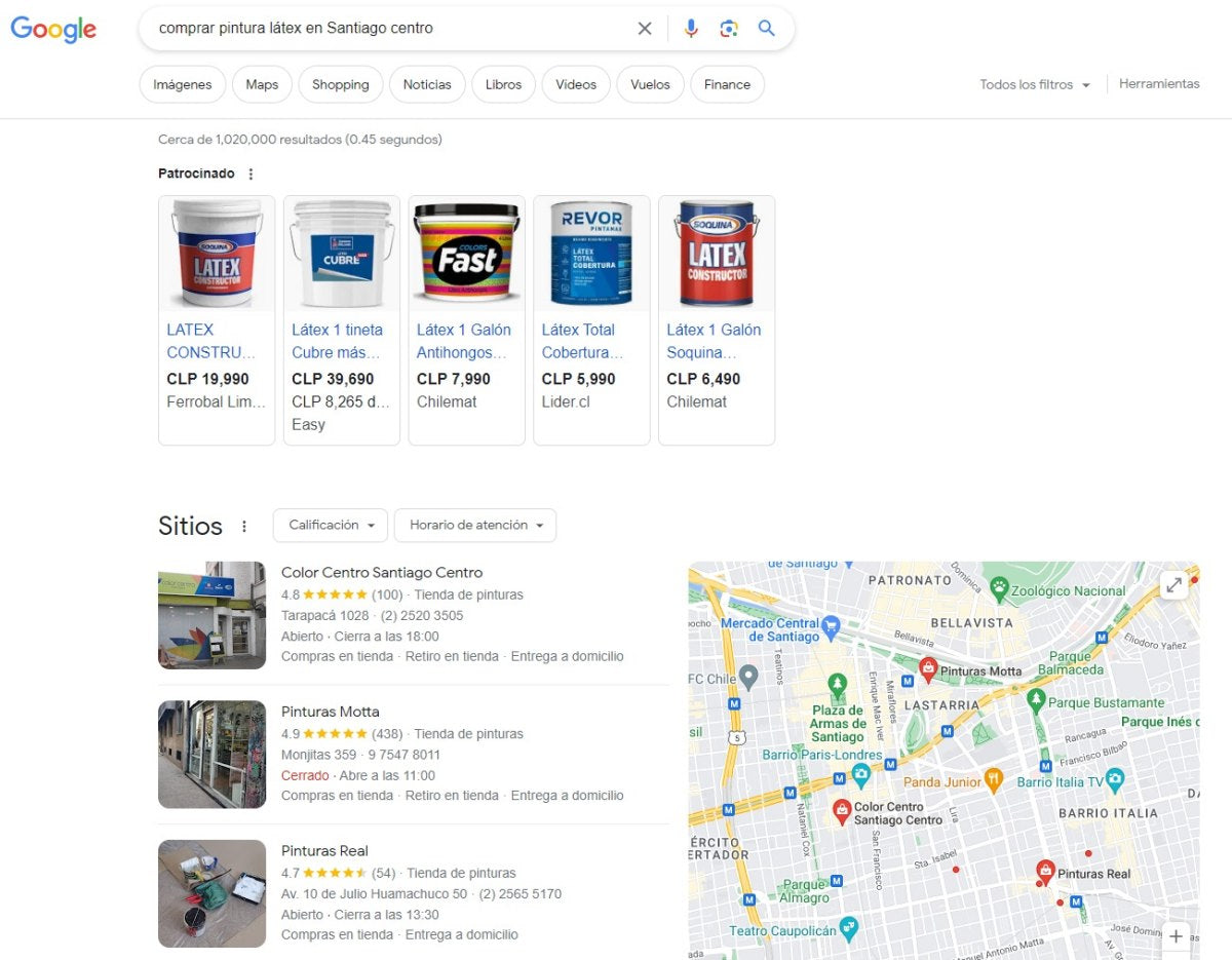 Pantallazo de ejemplo del resultado de búsqueda en Google para el término "comprar pintura látex en Santiago centro".