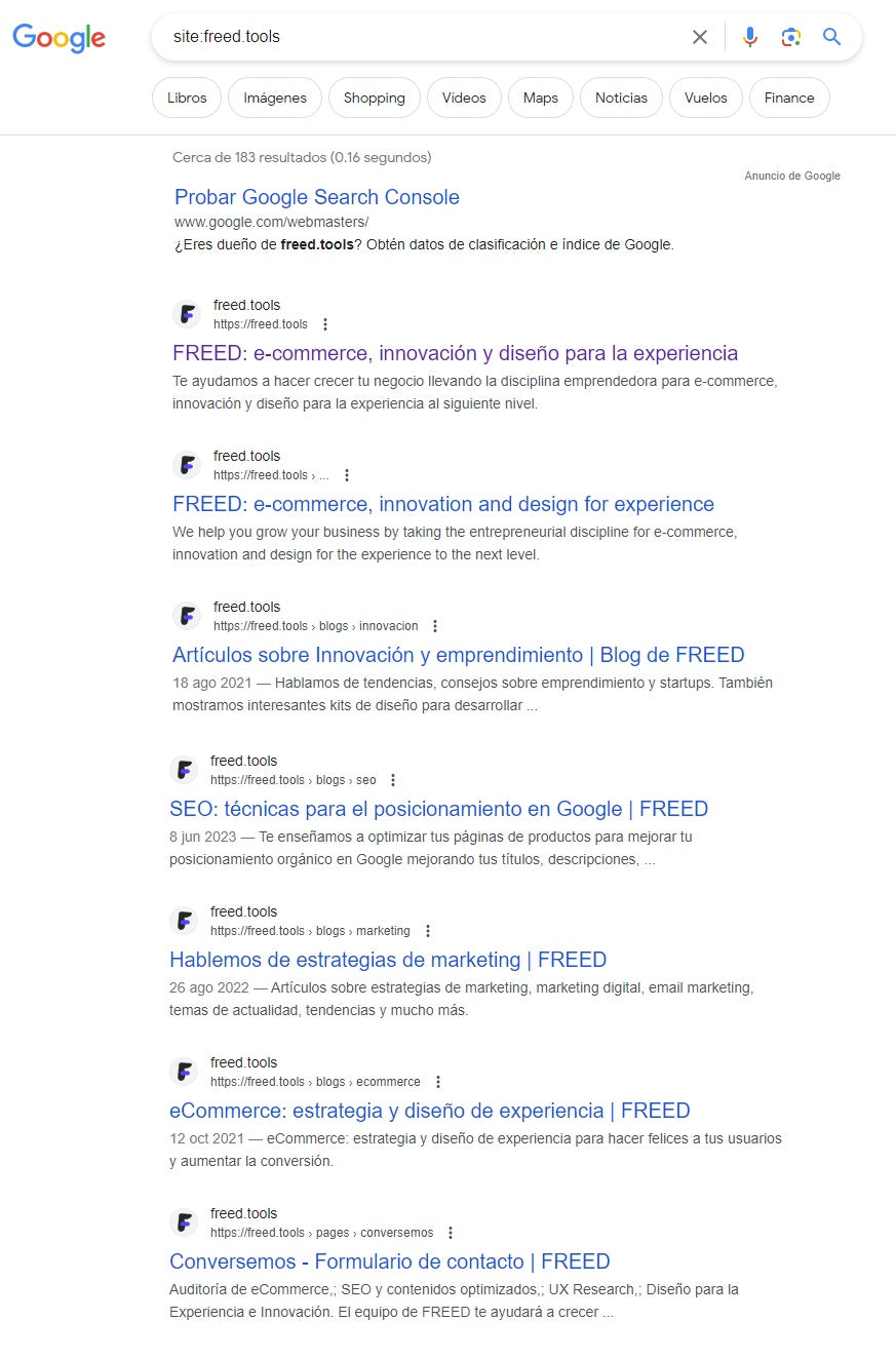 Ejemplo del uso del comando “site” en Google.