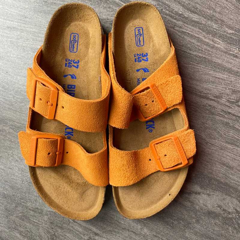 In Stock in Bantry Arizona Orange Suede Leather BIRKENSTOCK Soft Footbed â Craft Shop Bantry