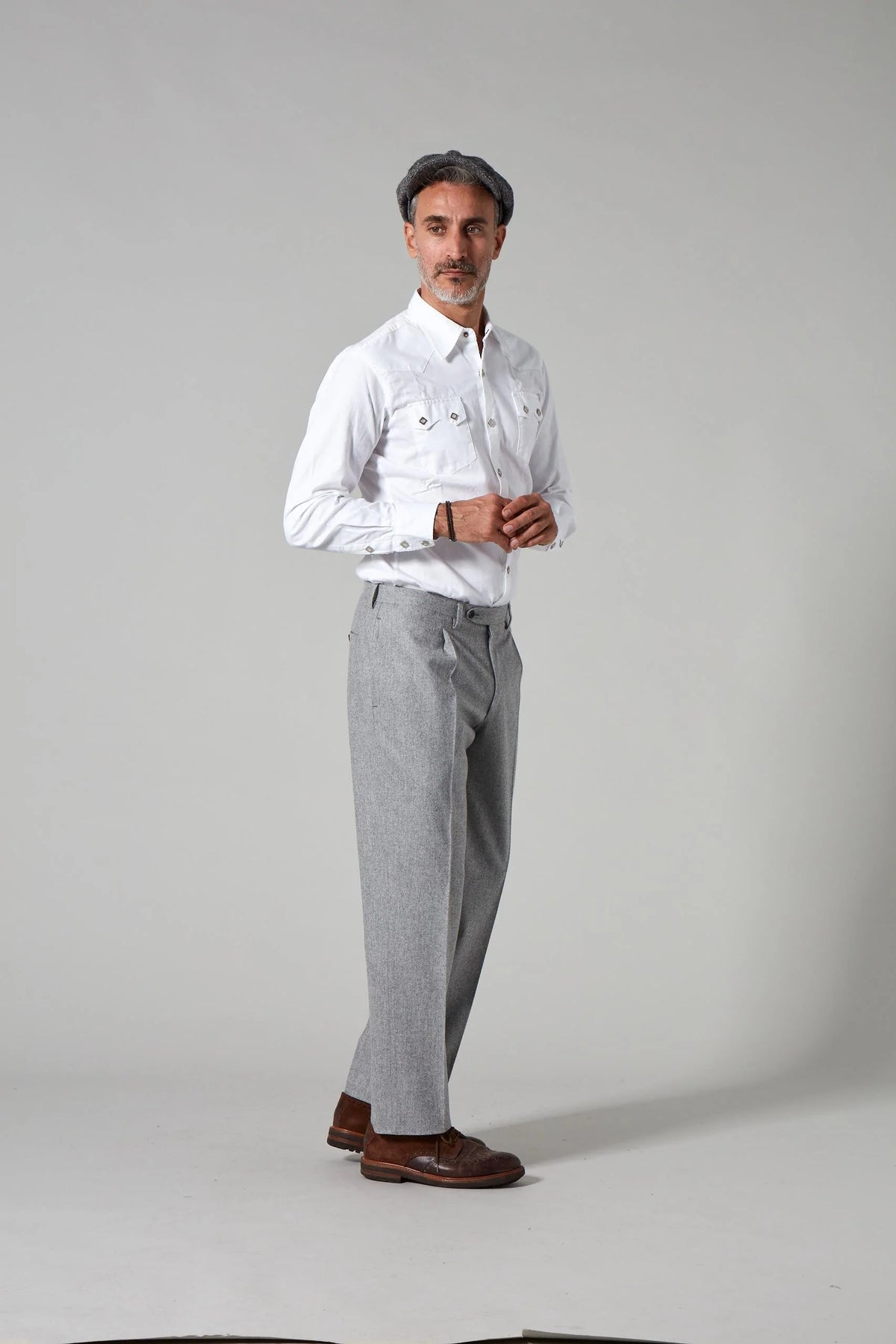 Double Pleated Flannel Trousers Grey 55 OFF