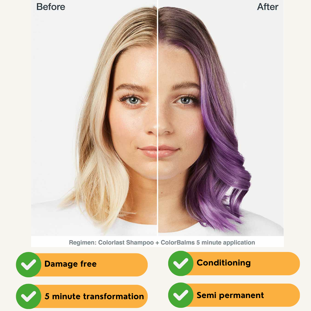 befor and after of matrix biolage conditioning balm lavender. damage free, 5 minute transformation, conditioning, and semi permanent.