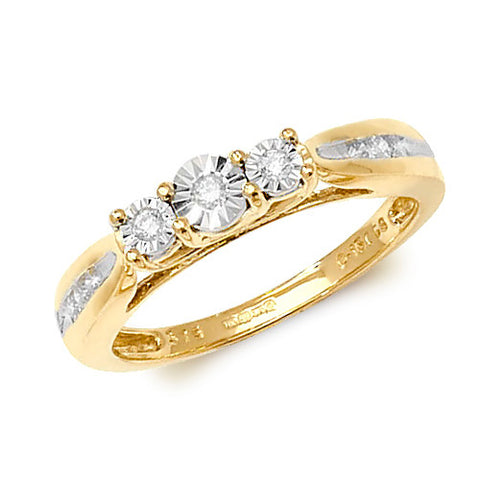 9CT Yellow Gold 3 round Diamonds set in a star light setting plus 3 diamonds set in each shoulder.