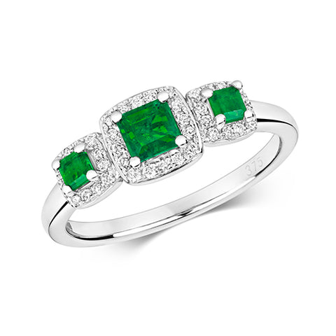 9ct White Gold 3 Stone Cluster Square Emerald set Ring at Bramleys of Carlow
