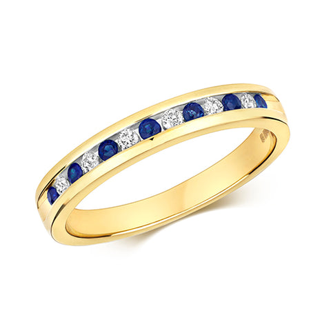 9ct Yellow Gold Diamond & Sapphire 1/2 channel set Eternity Ring. At Bramley's Jewellers of Carlow