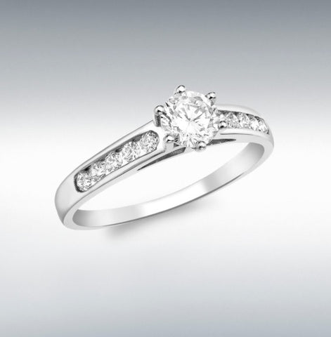 9CT WHITE GOLD 5MM ROUND SOLITAIRE CZ WITH 10 X 2MM CZ SHOULDER RING AT BRAMLEY'S JEWELLERS OF CARLOW