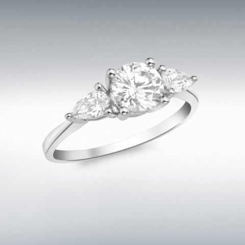 9ct White Gold ring with 1 round and 2 pear shaped cubic zirconia stones claw set. At Bramley's Jewellers of Carlow