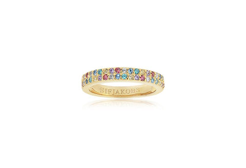 18K Yellow Gold plating on Sterling Silver ring set with double row of round multicoloured cubic zirconia at Bramley's Jewellers of Carlow