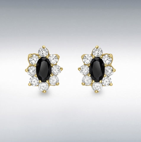 9ct Yellow gold oval black sapphire and cubic zirconia 7mm X 9mm stud earrings at Bramleys of Carlow