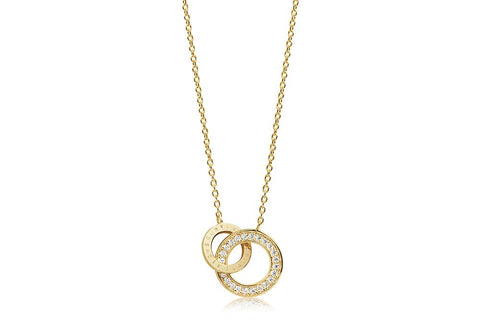 Necklace made of 18 karat gold plated 925 Sterling silver, polished surface and facet cut white zirconia.