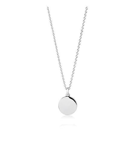 Sterling Silver with rhodium plating and polished surface round 12mm disc pendant that can be engraved plus chain at Bramley's Jewellers of Carlow