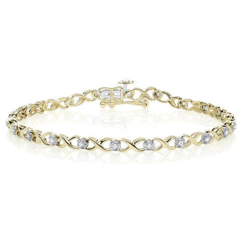 9CT Yellow Gold "X" Link set with Diamonds in an Illusion Set, Tennis Bracelet.