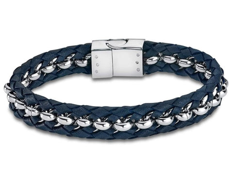 Lotus Style Man's Navy Leather and Stainless Steel Bracelet at Bramleys Jewellers of Carlow