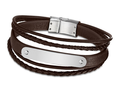 Lotus Style Man's Brown 5 Leather Bands and Stainless Steel Magnetic Clasp Bracelet at Bramley's of Carlow