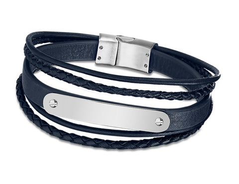 Lotus Style Man's Navy 5 Leather Bands and Stainless Steel Magnetic Clasp Bracelet at Bramley's of Carlow