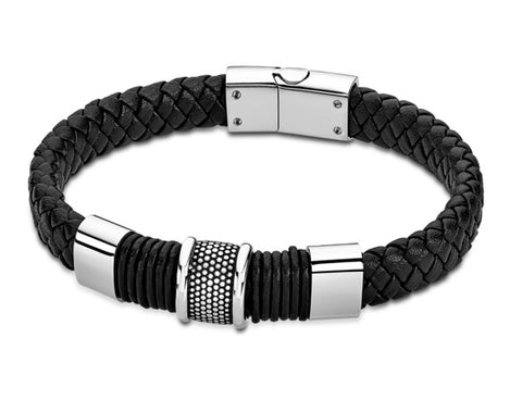 Lotus Style Man's Black Wide Leather Band and Stainless Steel Magnetic Clasp Bracelet at Bramley's of Carlow