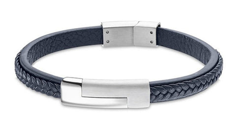 Lotus Style Man's Navy Leather Band and Stainless Steel Magnetic Clasp Bracelet at Bramley's Jewellers of Carlow