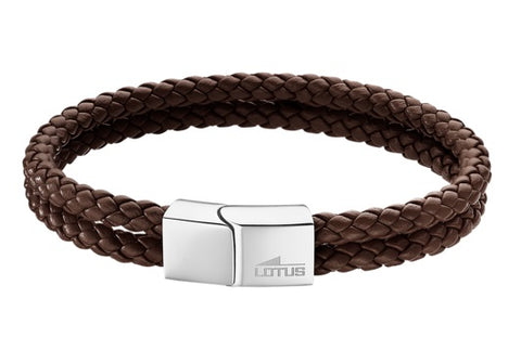 Lotus Style Man's Brown Leather 2 Band and Stainless Steel Magnetic Clasp Bracelet at Bramley's of Carlow