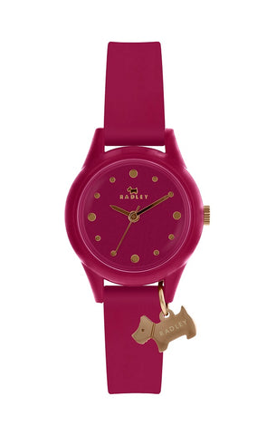 Radley Watch It! Watch with Magenta 27mm case, Magenta Dial and Magenta Silicone Strap Plus Rose Gold Dog Charm.