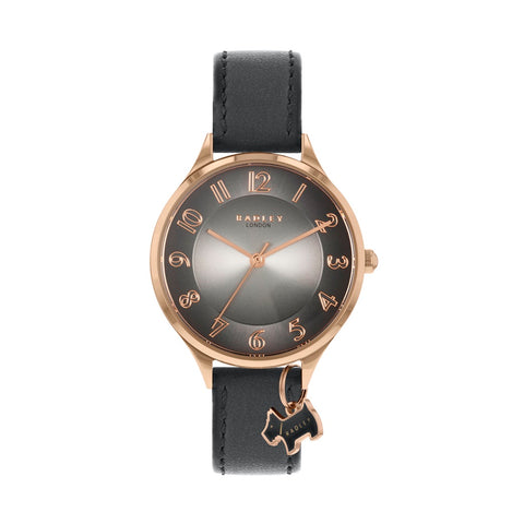 Radley Rose Gold Plated Round case with Grey/Black Face and Black Leather Strap plus Rose Gold Charm.