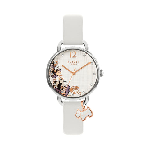 Radley Stainless Steel Round Floral Print Face Watch with white leather strap plus silver charm.