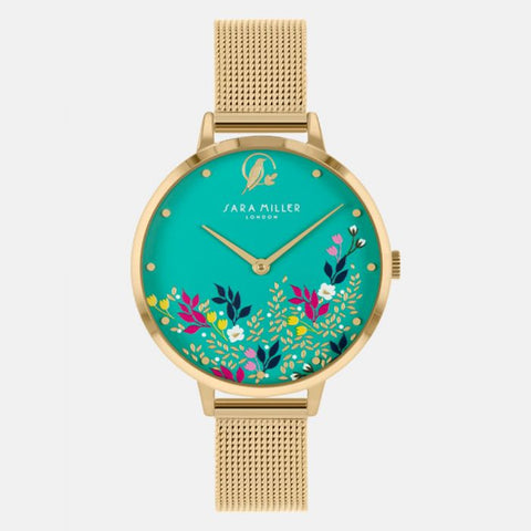 Sara Miller Green Floral Gold Mesh Watch