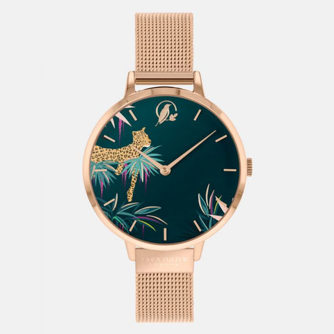 A charming leopard frolicking amid tropical foliage features on the dial of this Tahiti Collection Sara Miller London watch. This statement design has a rose gold-plated case with an adjustable rose gold mesh strap.