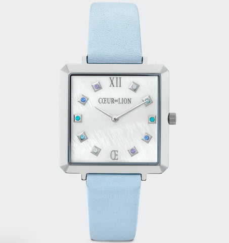 Coeur de Lion Watch Iconic Square Mother-of-Pearl Silver Bracelet Leather Cool Blue at Bramleys of Carlow