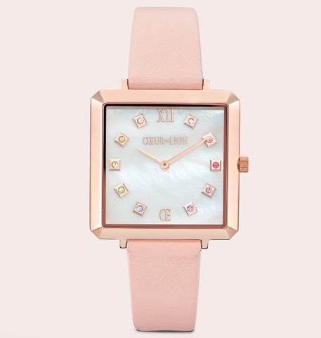 Coeur de Lion Watch Iconic Square Mother-of-Pearl Rose Gold Bracelet Leather Romantic Pink at Bramleys of Carlow