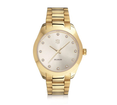 WATCH JOELLE - GOLD PLATED STAINLESS STEEL WITH GOLD SUNRAY DIAL AND WHITE ZIRCONIA at Bramleys of Carlow