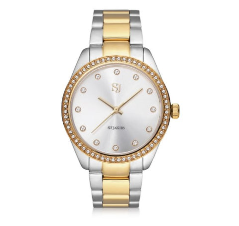 WATCH VALERIA - GOLD PLATED STAINLESS STEEL WITH SILVER SUNRAY DIAL AND WHITE ZIRCONIA at Bramleys of Carlow