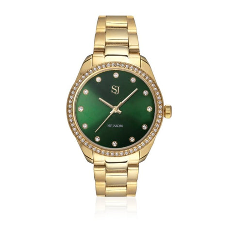 WATCH VALERIA - GOLD PLATED STAINLESS STEEL WITH GREEN SUNRAY DIAL AND WHITE ZIRCONIA at Bramleys of Carlow