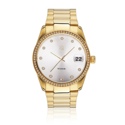 WATCH ELECTRA - GOLD PLATED STAINLESS STEEL WITH SILVER SUNRAY DIAL AND WHITE ZIRCONIA at Bramleys of Carlow