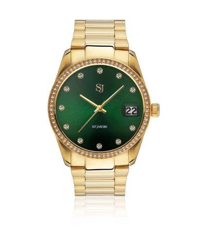 WATCH AURORA - GOLD PLATED STAINLESS STEEL WITH SILVER GREEN DIAL AND WHITE ZIRCONIA at Bramleys Of Carlow