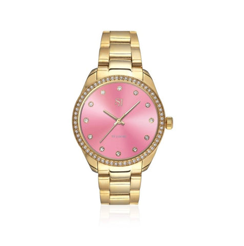 Sif Jakobs Watch made of gold plated stainless steel, polished and brushed surface, with sapphire glass and pink sunray dial at Bramleys of Carlow