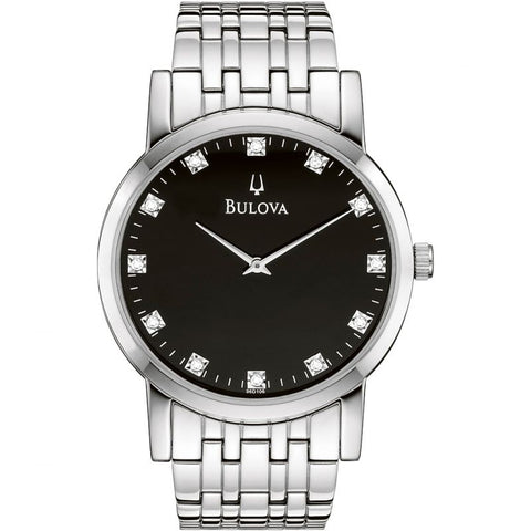 Elegant mens Bulova Diamond watch in stainless steel, set around a chic dial with slender hands and large diamond hour markers.